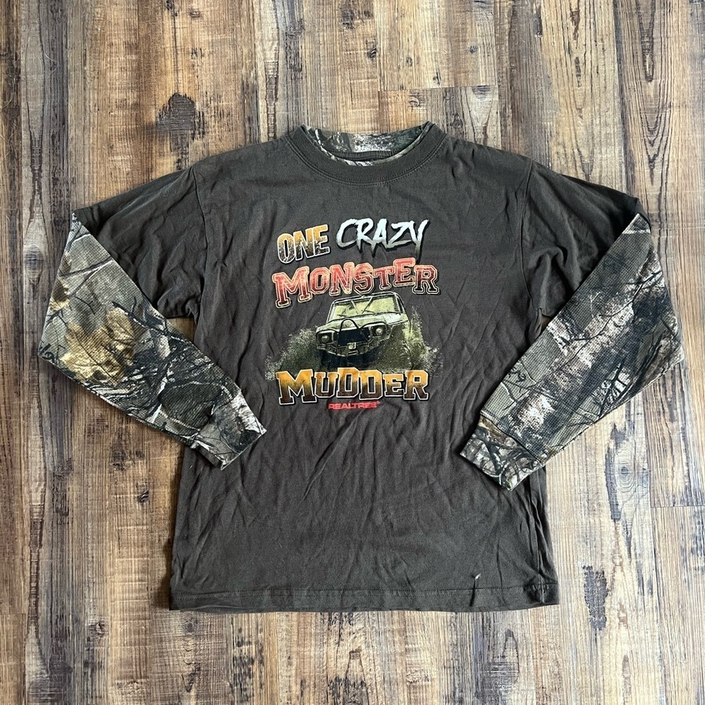 Brown and Green Long Sleeve Camouflage Tee with Graphic Design